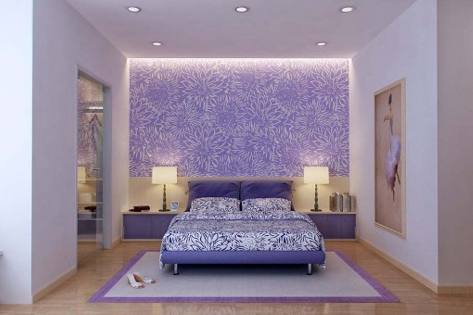 wooden-floor-with-elegant-purple-wallpaper-using-led-strip-for-beautiful-bedroom-design-with-modern-recessed-lighting-and-purple-bed-frame